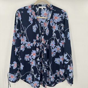 Foxcroft NYC Floral Rouched Tie Sleeve Button Up Pleat‎ Neck Blouse Size 10